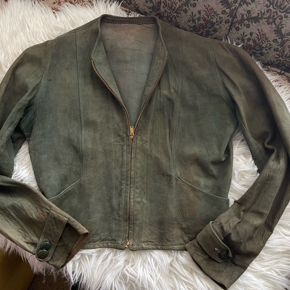Antique Leather Jacket 1930s 40s Moto Biker Flapper Victorian Cossack XS Green - Picture 4 of 16